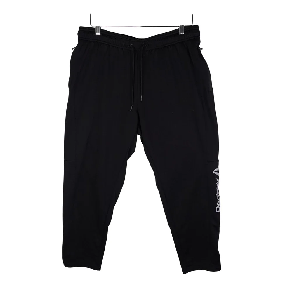 Reebok Mens Athletic Jogger Pants Black Logo Ankle Zip Pockets Large